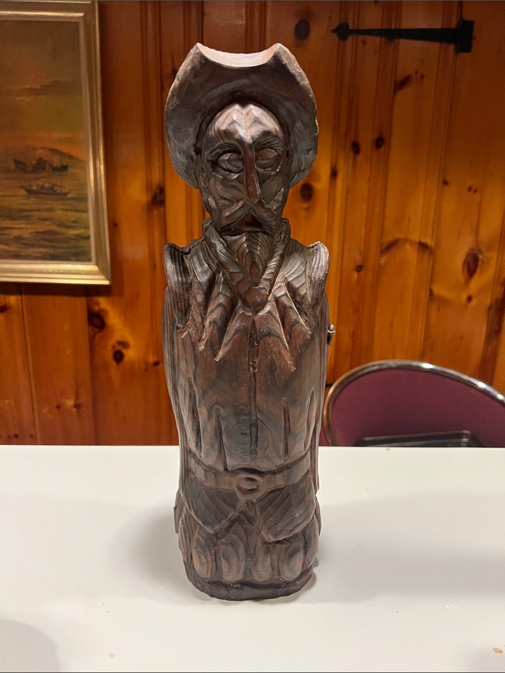 Spanish hand carved wooden conquistador hidden wine bottle holder.